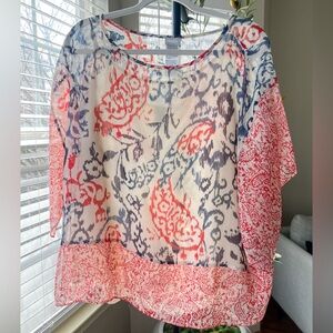 Chico's Red, Navy & Cream Sheer Printed Blouse XL